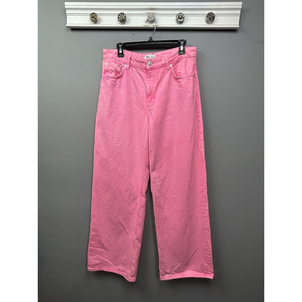 Zara Jeans Womens 8 Pink The Boogie Pant High Rise Wide Leg Denim 15583